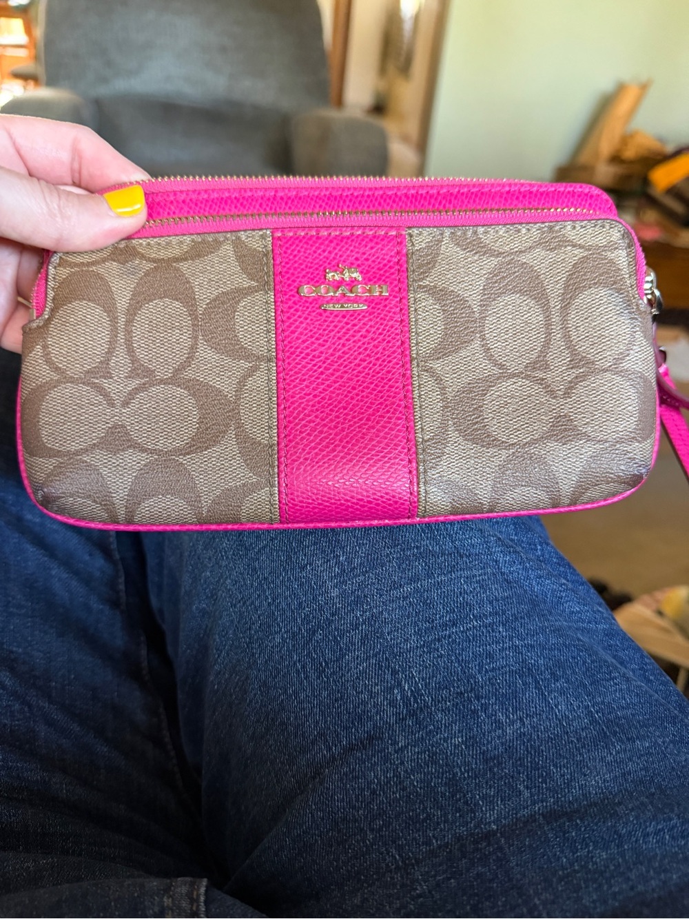 Coach Brown Signature Canvas Wristlet with Hot Pink Trim